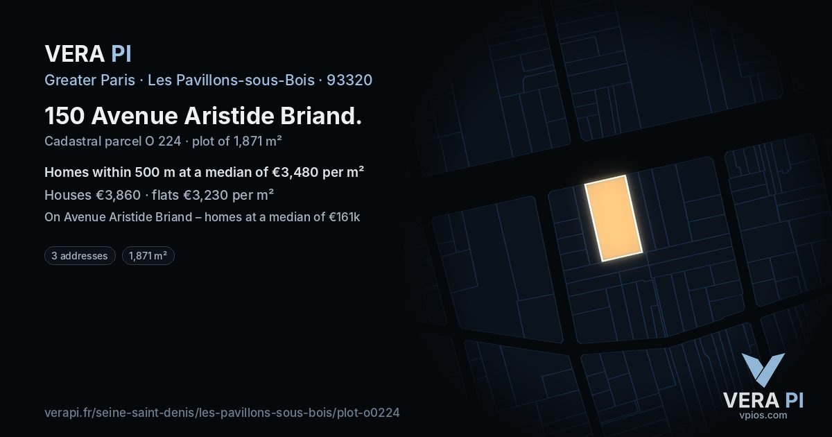 150 Avenue Aristide Briand, Les Pavillons-sous-Bois at night – the plot lit, the parcels around coloured by the prices near them