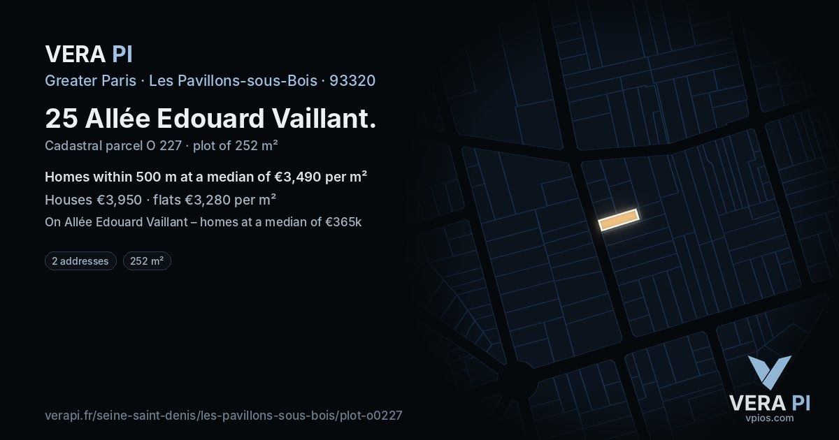 25 Allée Edouard Vaillant, Les Pavillons-sous-Bois at night – the plot lit, the parcels around coloured by the prices near them