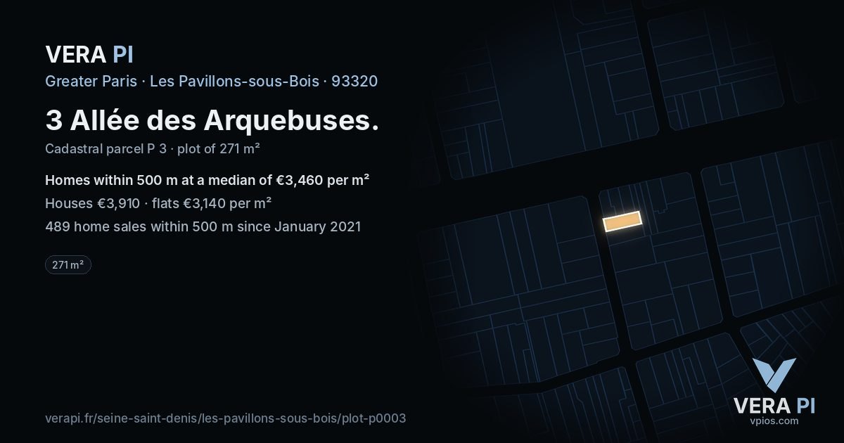 3 Allée des Arquebuses, Les Pavillons-sous-Bois at night – the plot lit, the parcels around coloured by the prices near them