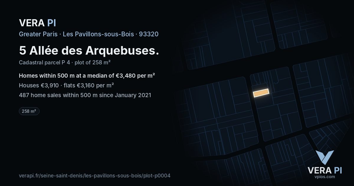 5 Allée des Arquebuses, Les Pavillons-sous-Bois at night – the plot lit, the parcels around coloured by the prices near them