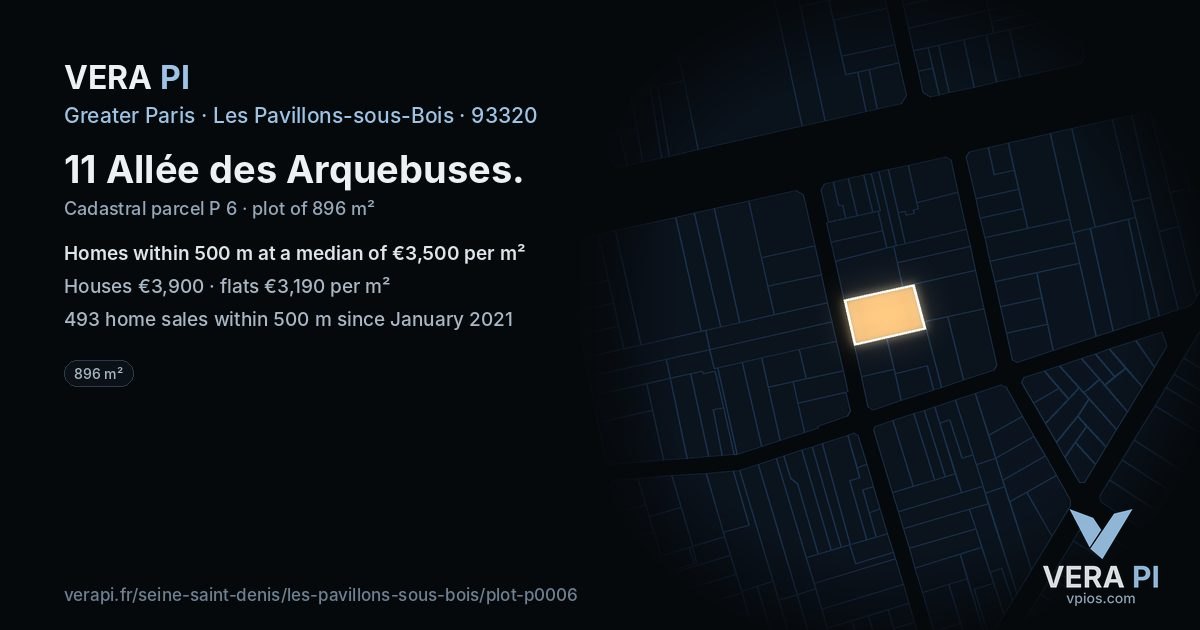 11 Allée des Arquebuses, Les Pavillons-sous-Bois at night – the plot lit, the parcels around coloured by the prices near them