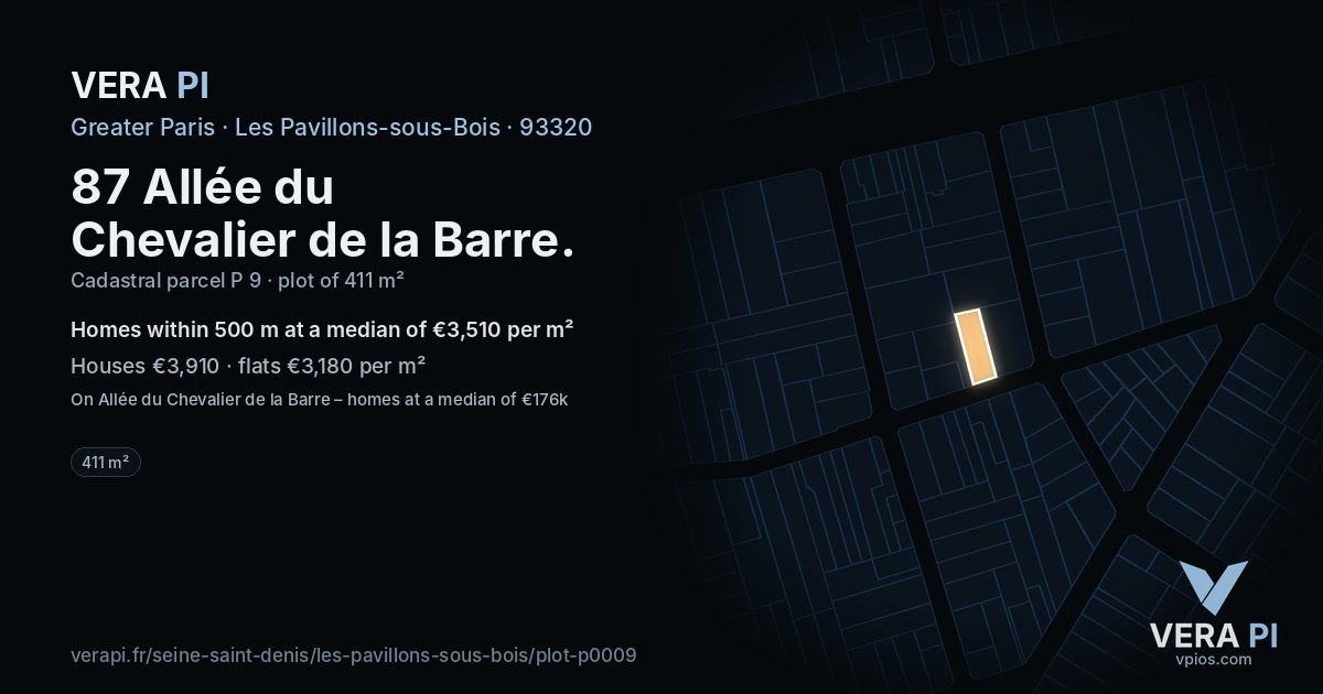 87 Allée du Chevalier de la Barre, Les Pavillons-sous-Bois at night – the plot lit, the parcels around coloured by the prices near them