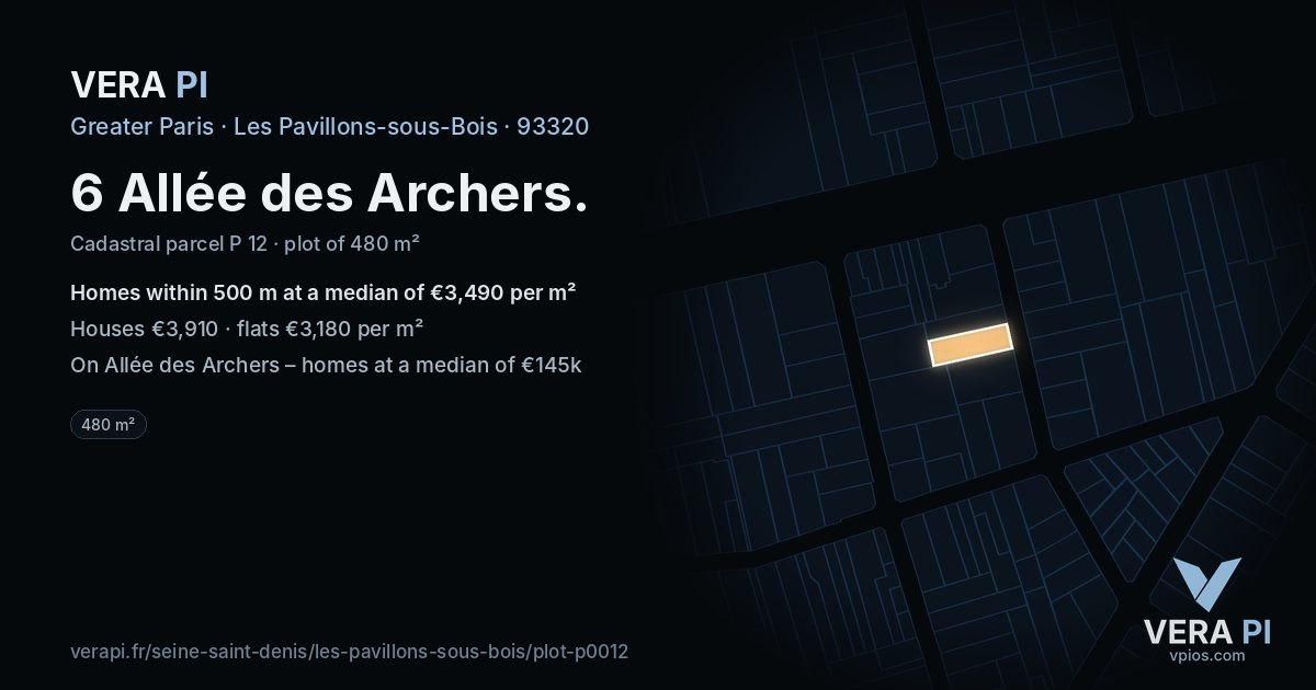 6 Allée des Archers, Les Pavillons-sous-Bois at night – the plot lit, the parcels around coloured by the prices near them