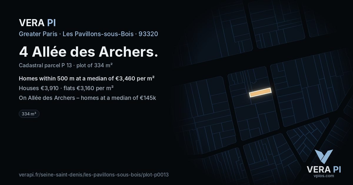 4 Allée des Archers, Les Pavillons-sous-Bois at night – the plot lit, the parcels around coloured by the prices near them