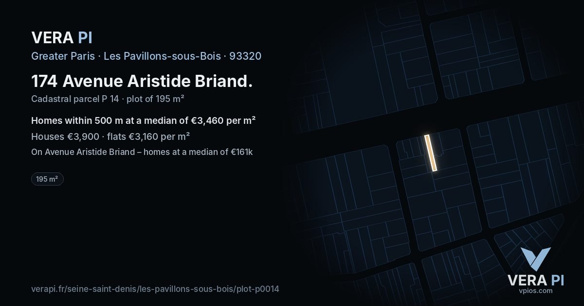 174 Avenue Aristide Briand, Les Pavillons-sous-Bois at night – the plot lit, the parcels around coloured by the prices near them