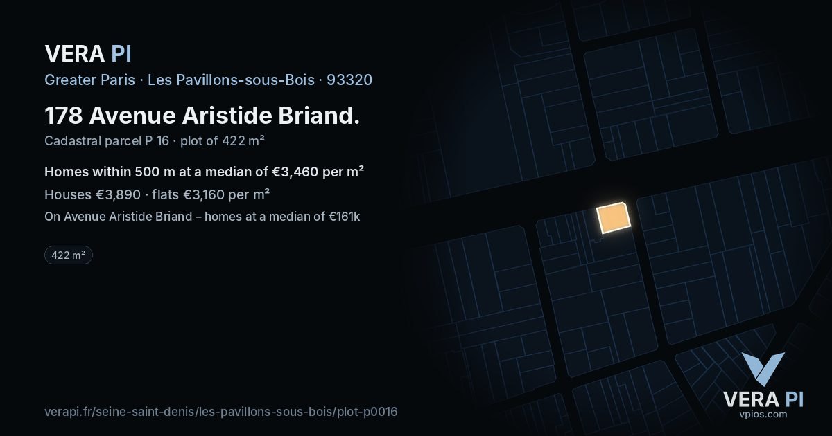 178 Avenue Aristide Briand, Les Pavillons-sous-Bois at night – the plot lit, the parcels around coloured by the prices near them
