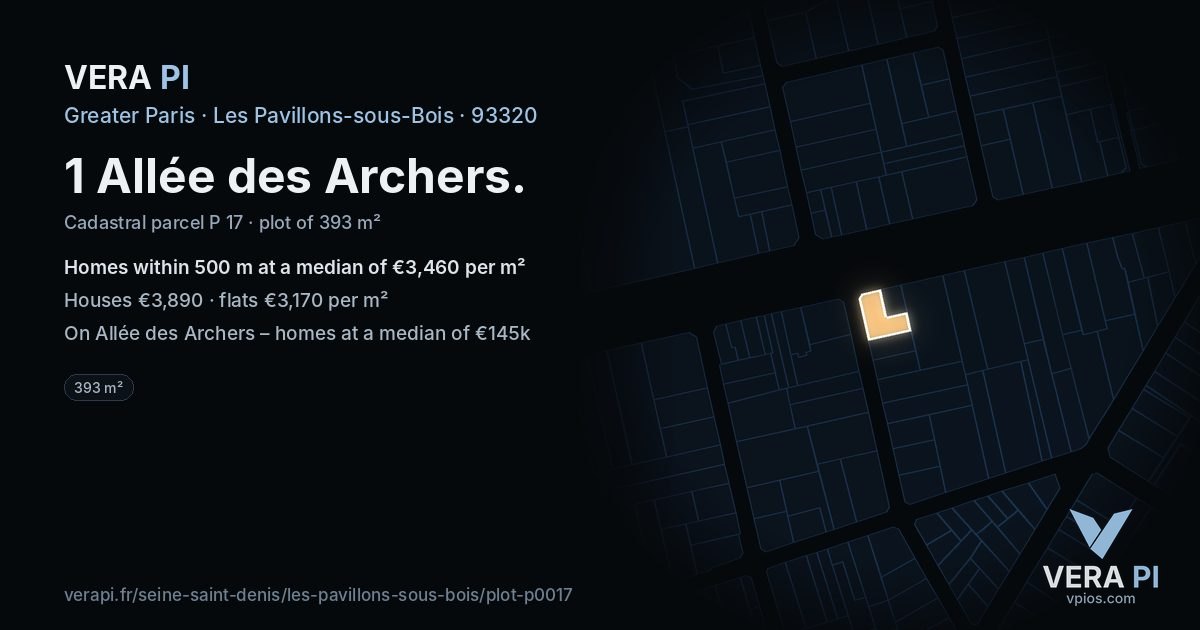 1 Allée des Archers, Les Pavillons-sous-Bois at night – the plot lit, the parcels around coloured by the prices near them