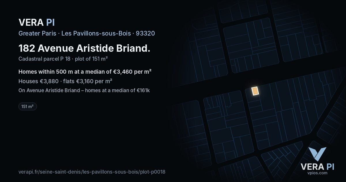 182 Avenue Aristide Briand, Les Pavillons-sous-Bois at night – the plot lit, the parcels around coloured by the prices near them