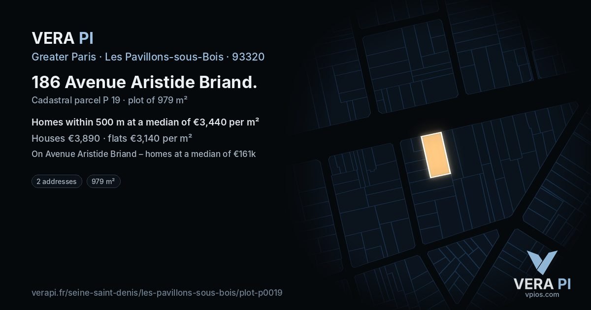 186 Avenue Aristide Briand, Les Pavillons-sous-Bois at night – the plot lit, the parcels around coloured by the prices near them