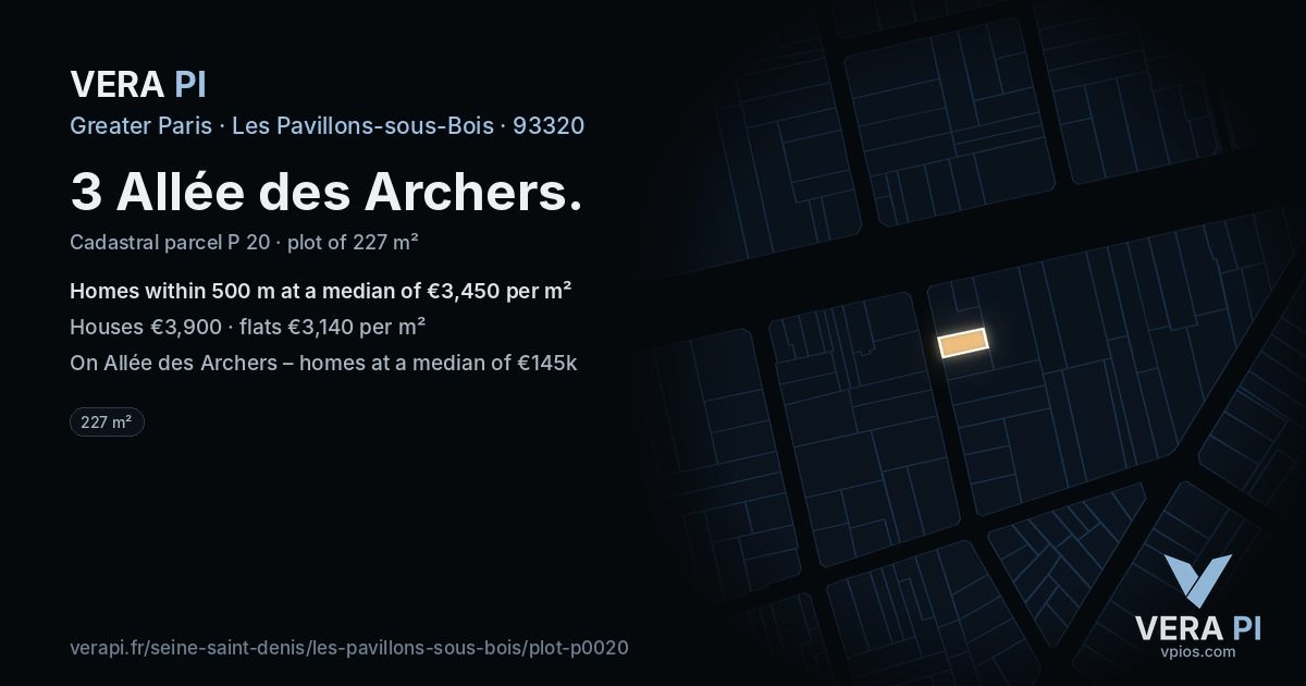 3 Allée des Archers, Les Pavillons-sous-Bois at night – the plot lit, the parcels around coloured by the prices near them