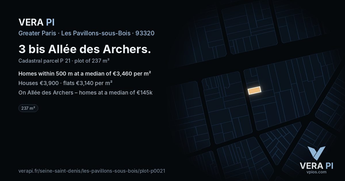 3 bis Allée des Archers, Les Pavillons-sous-Bois at night – the plot lit, the parcels around coloured by the prices near them