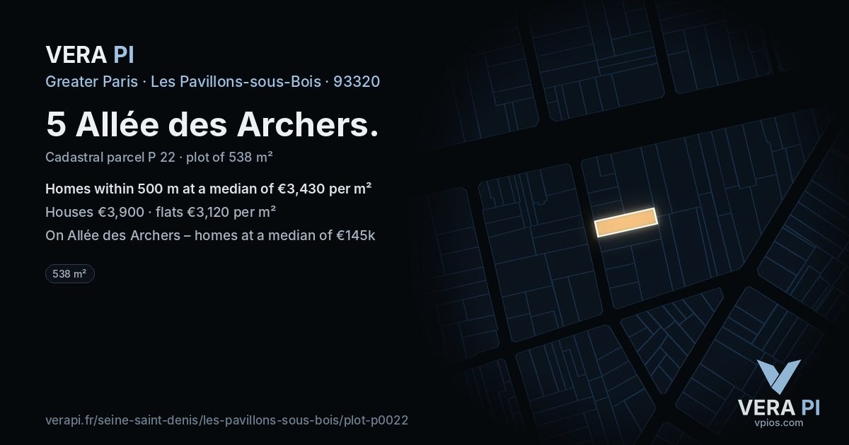 5 Allée des Archers, Les Pavillons-sous-Bois at night – the plot lit, the parcels around coloured by the prices near them