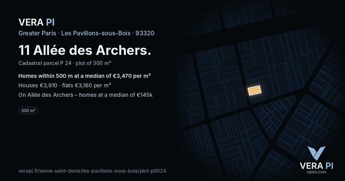 11 Allée des Archers, Les Pavillons-sous-Bois at night – the plot lit, the parcels around coloured by the prices near them