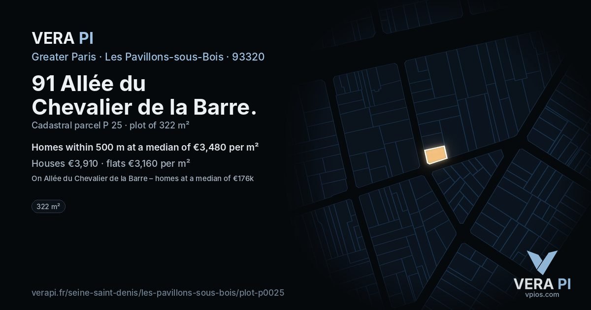 91 Allée du Chevalier de la Barre, Les Pavillons-sous-Bois at night – the plot lit, the parcels around coloured by the prices near them