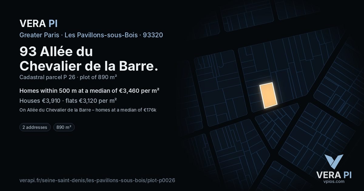 93 Allée du Chevalier de la Barre, Les Pavillons-sous-Bois at night – the plot lit, the parcels around coloured by the prices near them