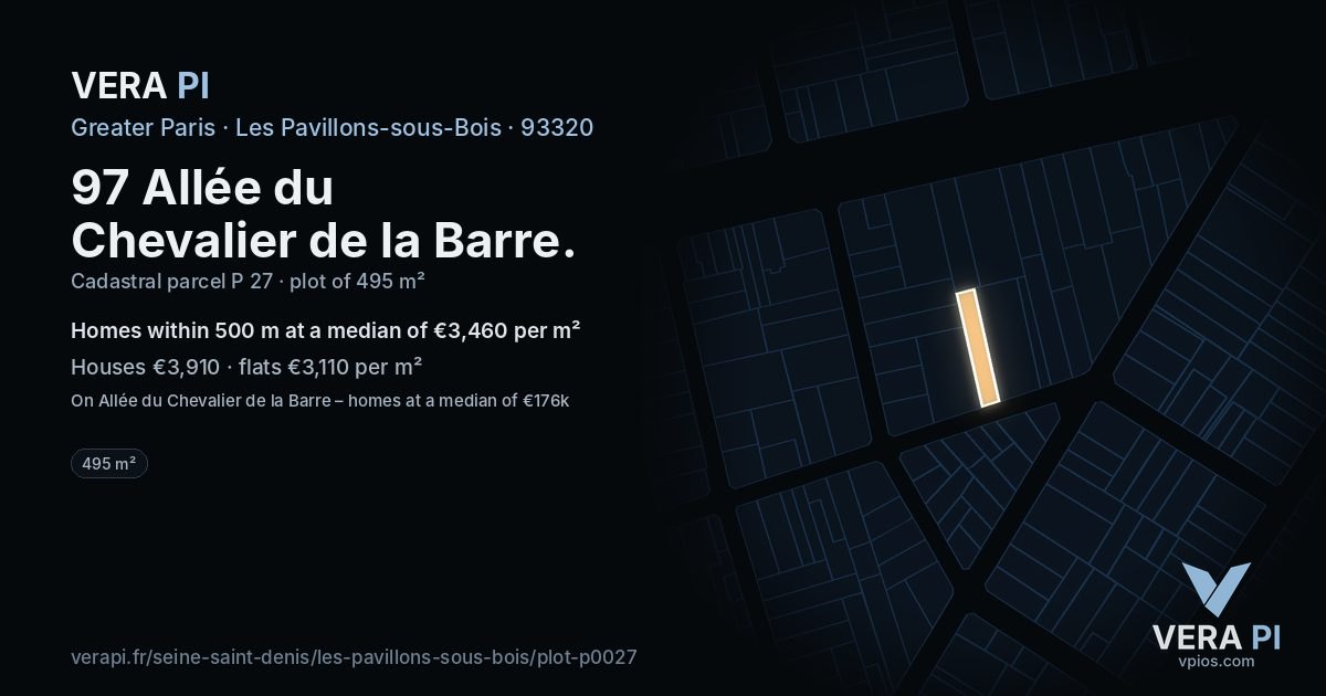 97 Allée du Chevalier de la Barre, Les Pavillons-sous-Bois at night – the plot lit, the parcels around coloured by the prices near them