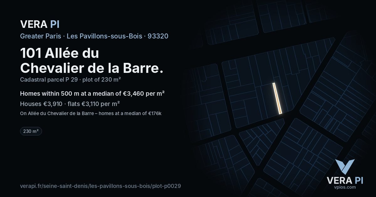 101 Allée du Chevalier de la Barre, Les Pavillons-sous-Bois at night – the plot lit, the parcels around coloured by the prices near them
