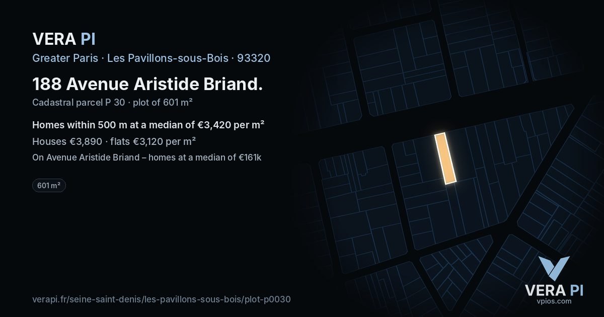 188 Avenue Aristide Briand, Les Pavillons-sous-Bois at night – the plot lit, the parcels around coloured by the prices near them