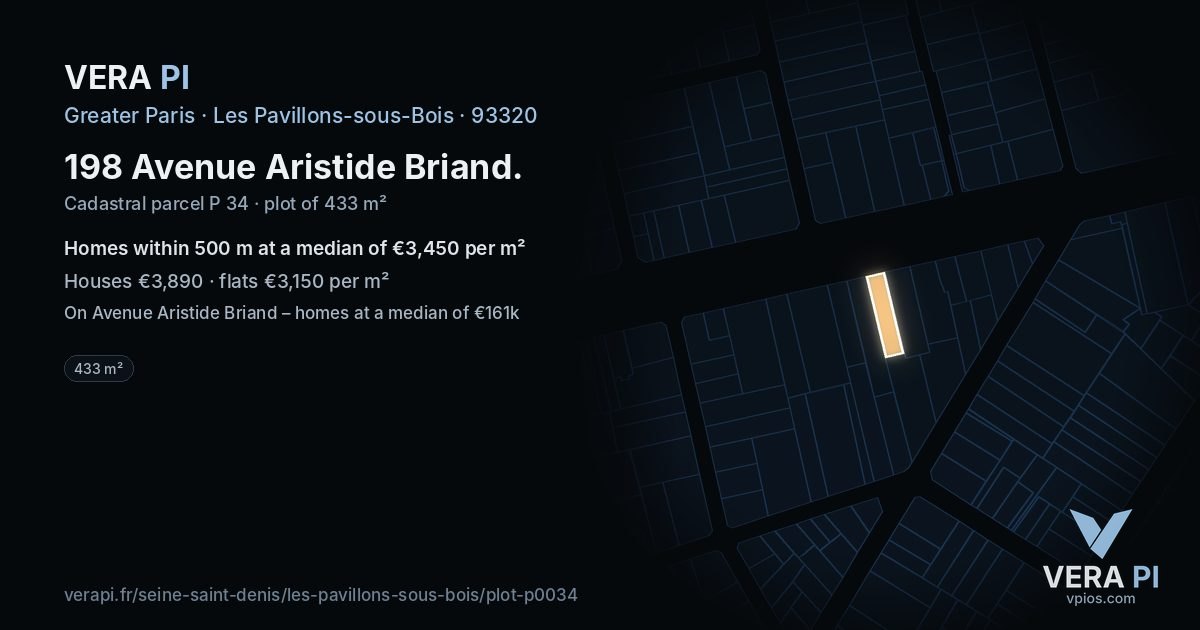 198 Avenue Aristide Briand, Les Pavillons-sous-Bois at night – the plot lit, the parcels around coloured by the prices near them