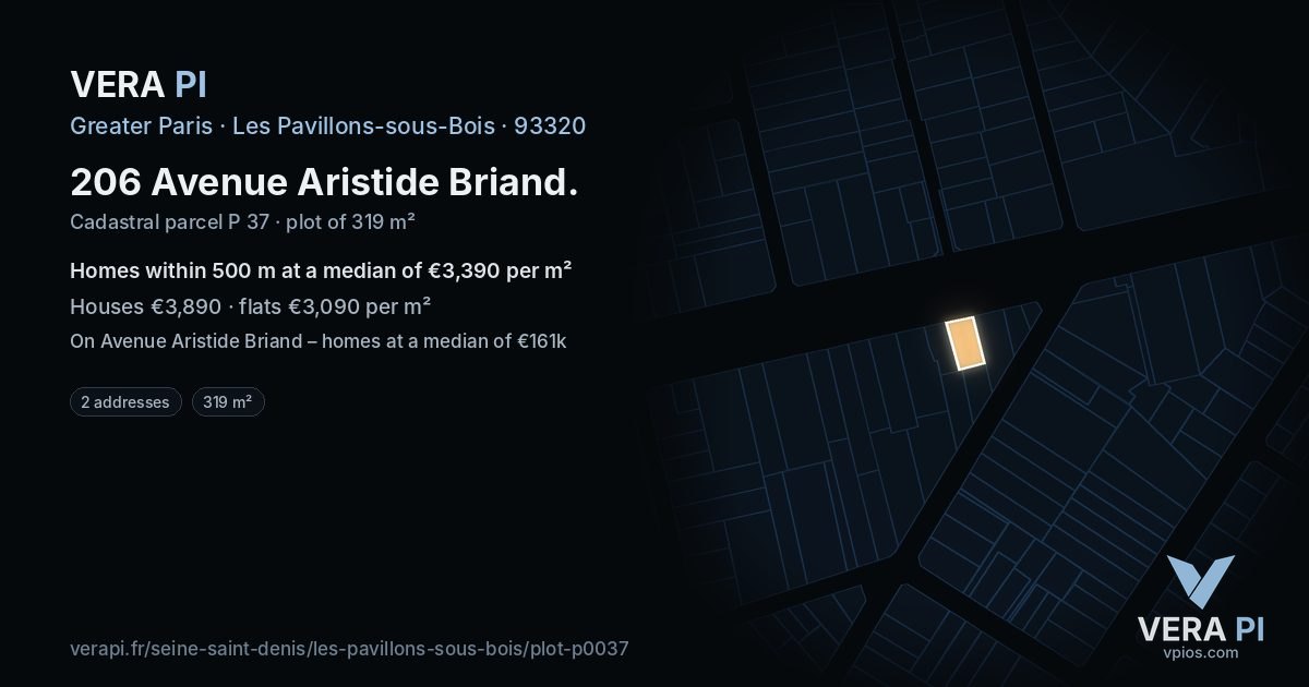 206 Avenue Aristide Briand, Les Pavillons-sous-Bois at night – the plot lit, the parcels around coloured by the prices near them