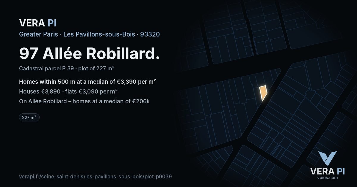 97 Allée Robillard, Les Pavillons-sous-Bois at night – the plot lit, the parcels around coloured by the prices near them