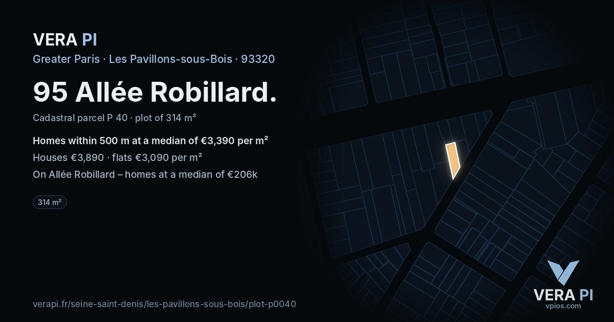 95 Allée Robillard, Les Pavillons-sous-Bois at night – the plot lit, the parcels around coloured by the prices near them
