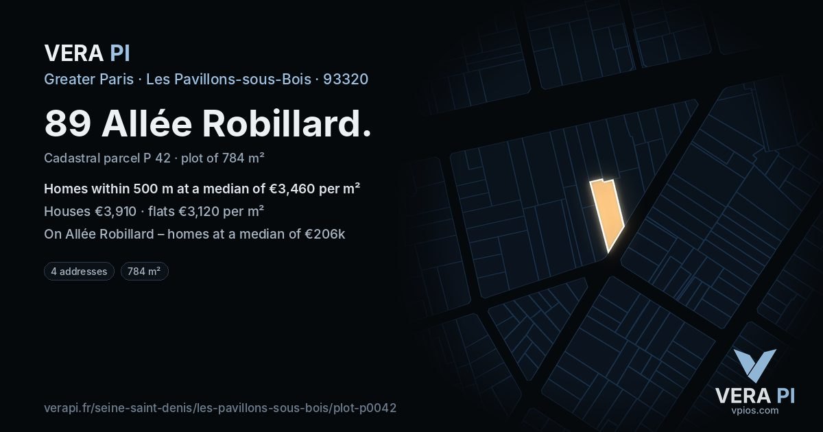 89 Allée Robillard, Les Pavillons-sous-Bois at night – the plot lit, the parcels around coloured by the prices near them