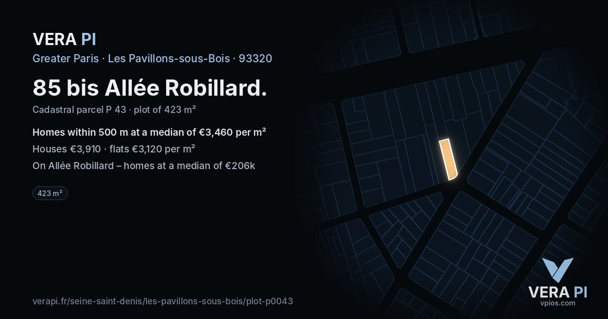 85 bis Allée Robillard, Les Pavillons-sous-Bois at night – the plot lit, the parcels around coloured by the prices near them