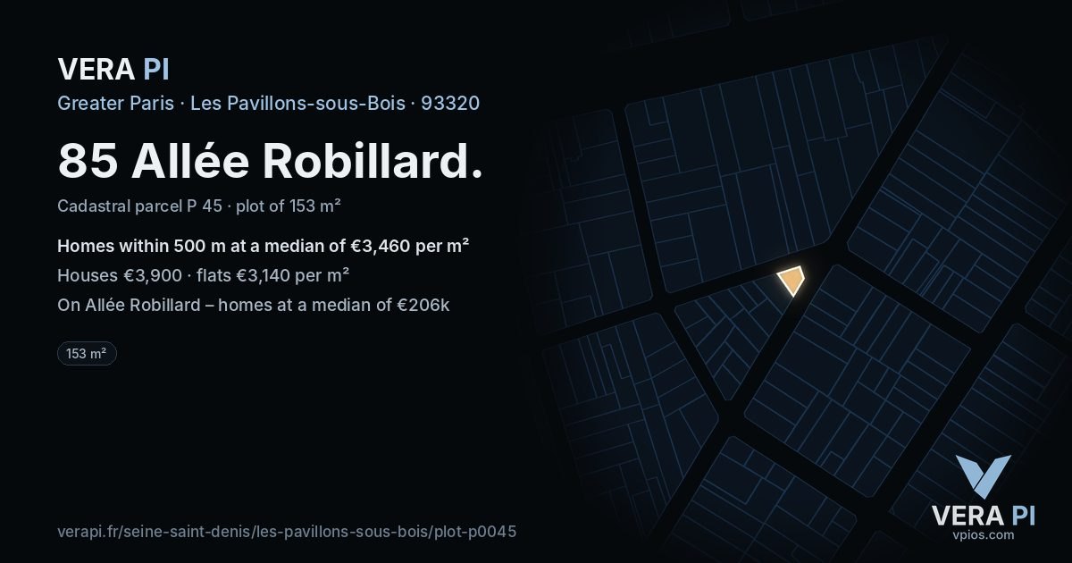 85 Allée Robillard, Les Pavillons-sous-Bois at night – the plot lit, the parcels around coloured by the prices near them