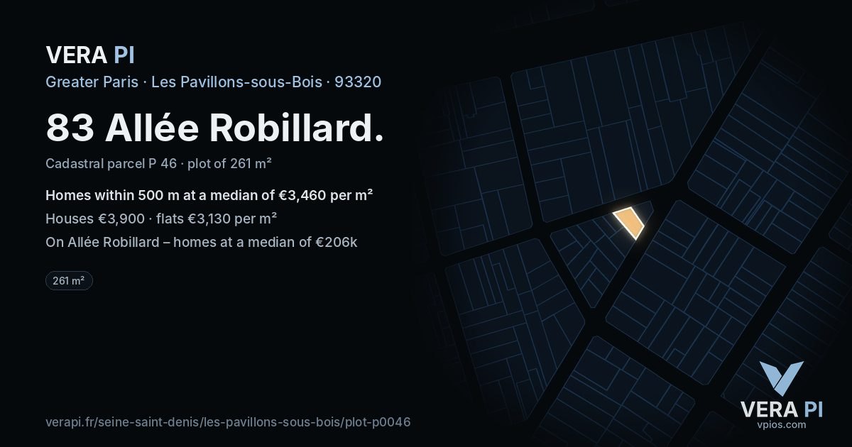 83 Allée Robillard, Les Pavillons-sous-Bois at night – the plot lit, the parcels around coloured by the prices near them