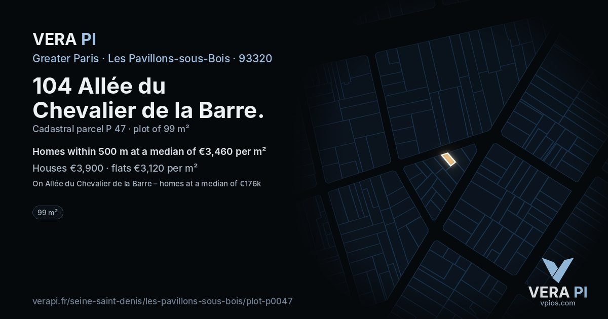 104 Allée du Chevalier de la Barre, Les Pavillons-sous-Bois at night – the plot lit, the parcels around coloured by the prices near them