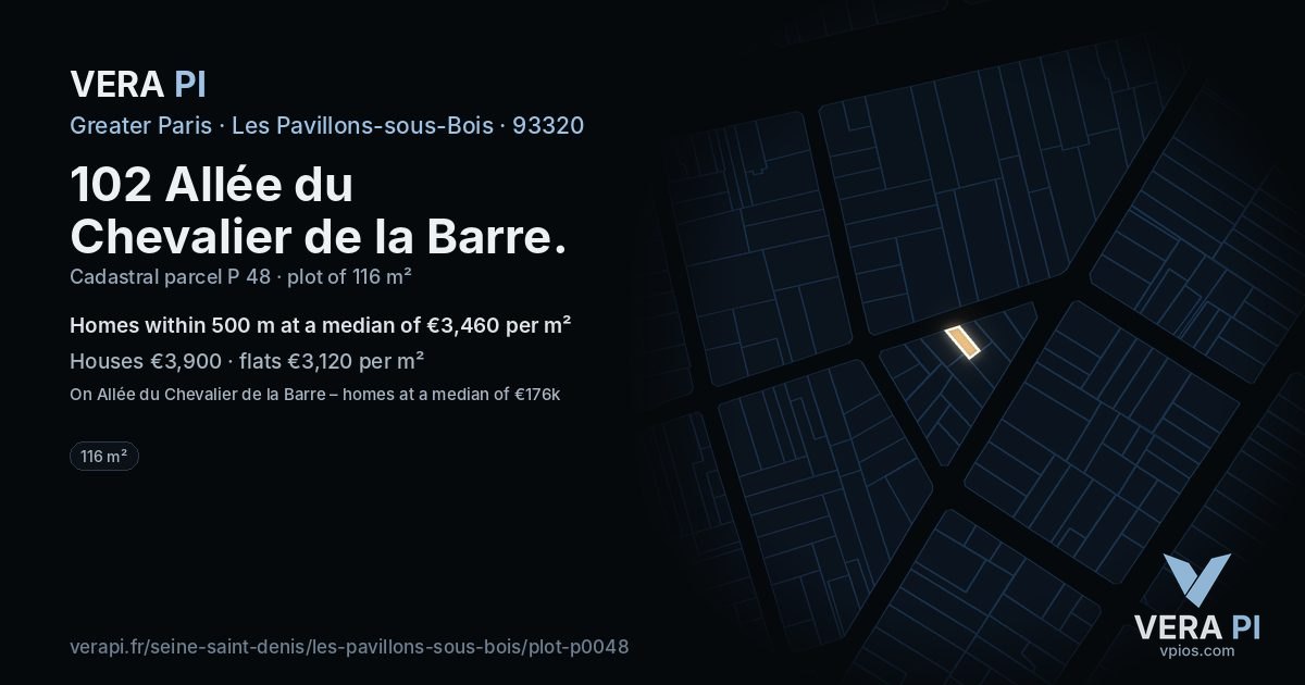 102 Allée du Chevalier de la Barre, Les Pavillons-sous-Bois at night – the plot lit, the parcels around coloured by the prices near them