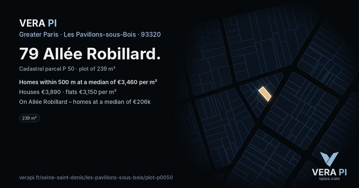 79 Allée Robillard, Les Pavillons-sous-Bois at night – the plot lit, the parcels around coloured by the prices near them