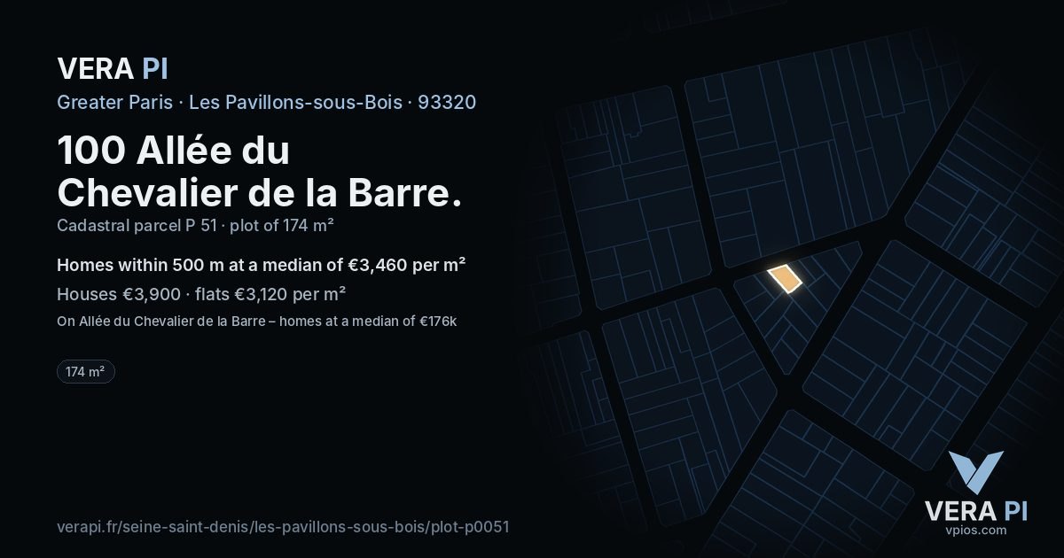100 Allée du Chevalier de la Barre, Les Pavillons-sous-Bois at night – the plot lit, the parcels around coloured by the prices near them
