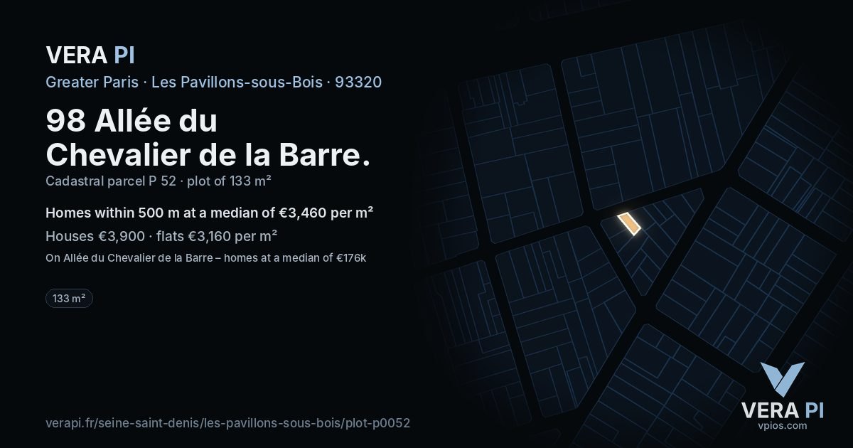 98 Allée du Chevalier de la Barre, Les Pavillons-sous-Bois at night – the plot lit, the parcels around coloured by the prices near them