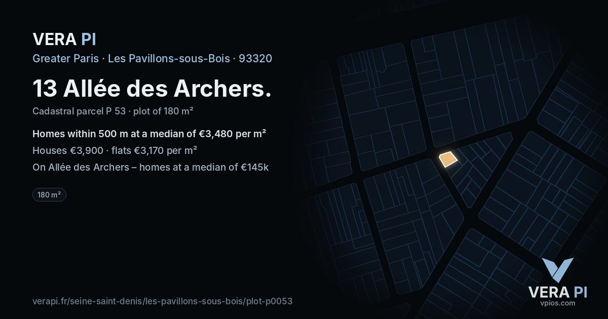 13 Allée des Archers, Les Pavillons-sous-Bois at night – the plot lit, the parcels around coloured by the prices near them