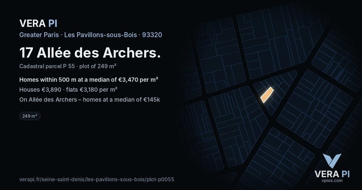 17 Allée des Archers, Les Pavillons-sous-Bois at night – the plot lit, the parcels around coloured by the prices near them