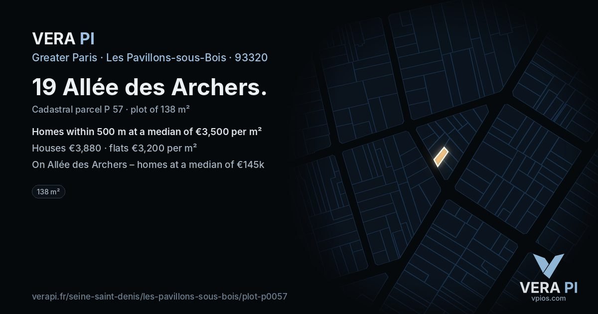 19 Allée des Archers, Les Pavillons-sous-Bois at night – the plot lit, the parcels around coloured by the prices near them