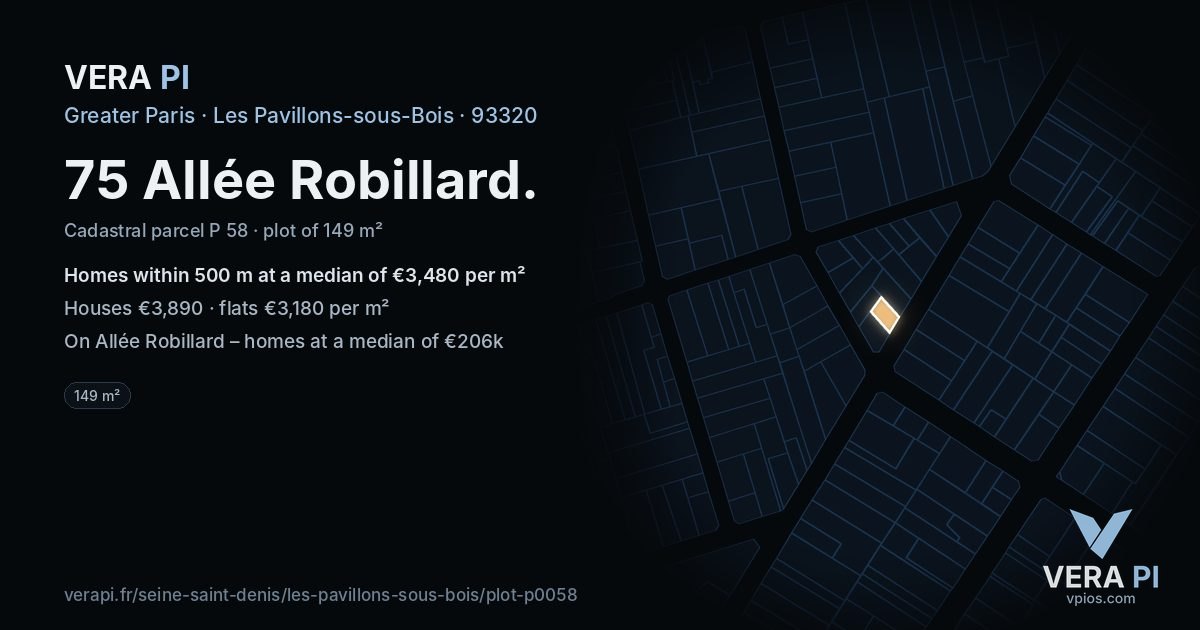 75 Allée Robillard, Les Pavillons-sous-Bois at night – the plot lit, the parcels around coloured by the prices near them