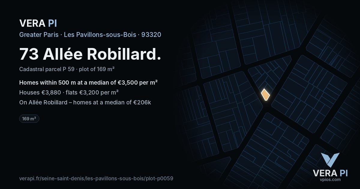 73 Allée Robillard, Les Pavillons-sous-Bois at night – the plot lit, the parcels around coloured by the prices near them