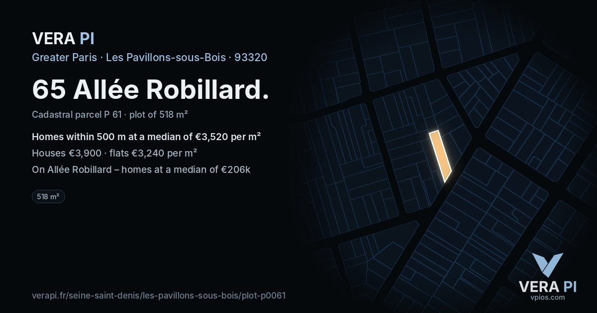 65 Allée Robillard, Les Pavillons-sous-Bois at night – the plot lit, the parcels around coloured by the prices near them