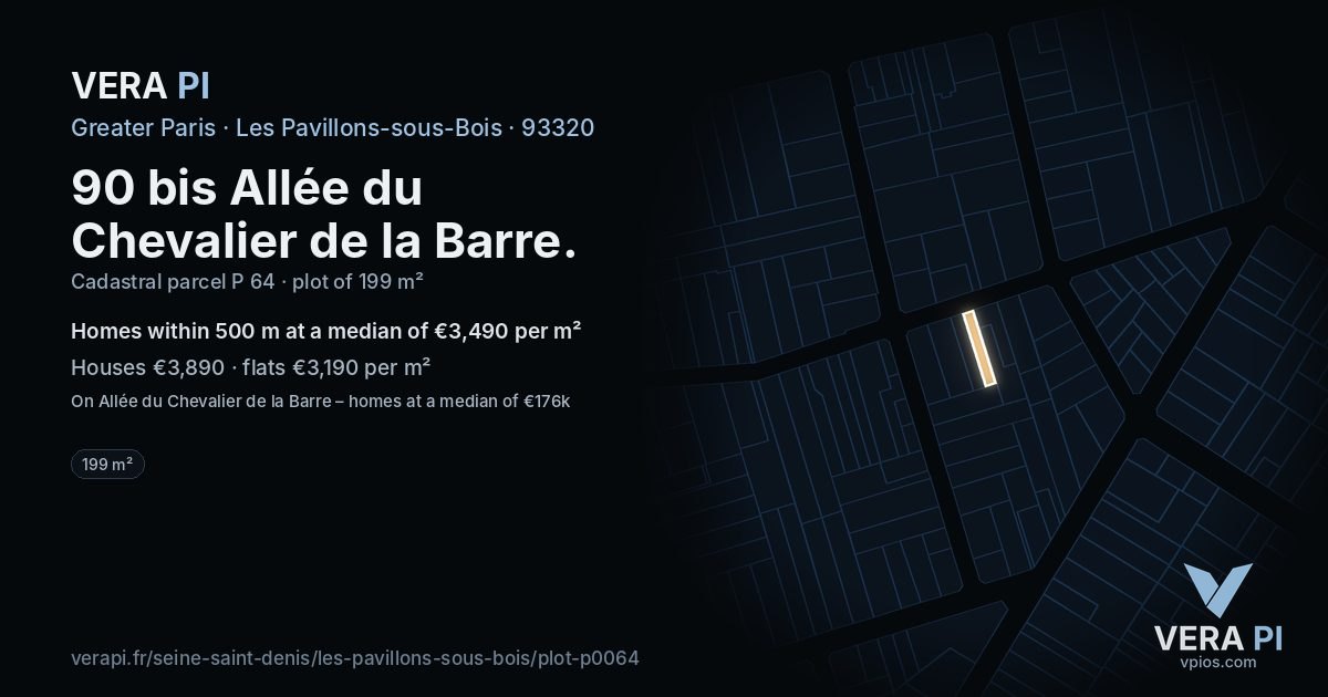 90 bis Allée du Chevalier de la Barre, Les Pavillons-sous-Bois at night – the plot lit, the parcels around coloured by the prices near them