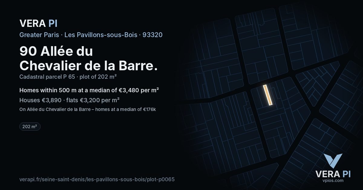 90 Allée du Chevalier de la Barre, Les Pavillons-sous-Bois at night – the plot lit, the parcels around coloured by the prices near them