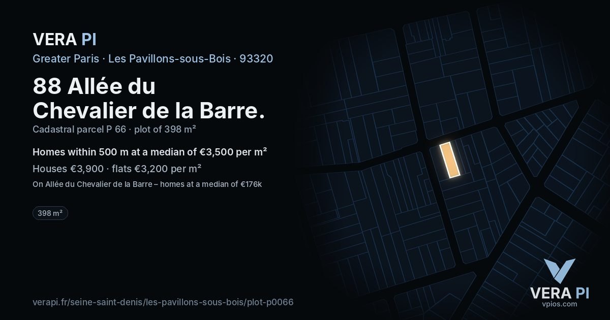 88 Allée du Chevalier de la Barre, Les Pavillons-sous-Bois at night – the plot lit, the parcels around coloured by the prices near them