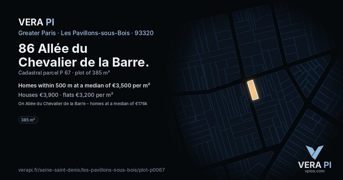 86 Allée du Chevalier de la Barre, Les Pavillons-sous-Bois at night – the plot lit, the parcels around coloured by the prices near them