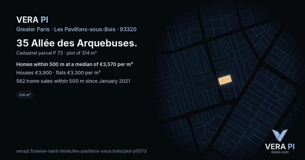 35 Allée des Arquebuses, Les Pavillons-sous-Bois at night – the plot lit, the parcels around coloured by the prices near them
