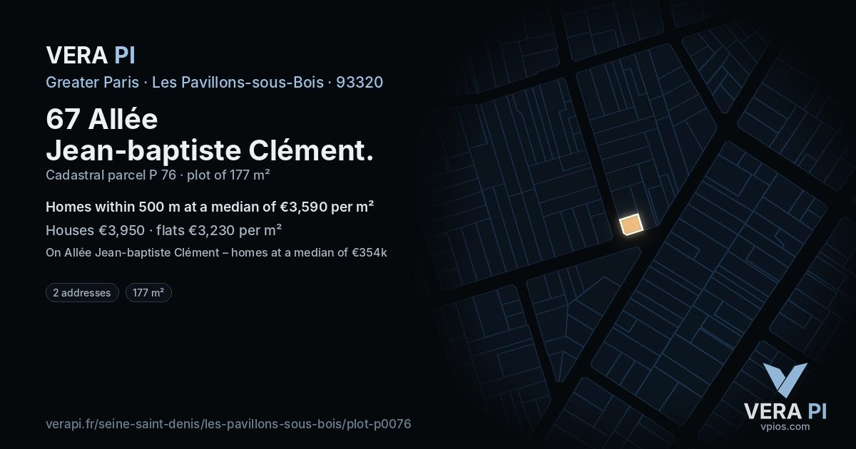 67 Allée Jean-baptiste Clément, Les Pavillons-sous-Bois at night – the plot lit, the parcels around coloured by the prices near them