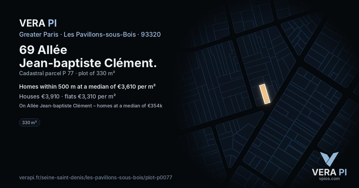 69 Allée Jean-baptiste Clément, Les Pavillons-sous-Bois at night – the plot lit, the parcels around coloured by the prices near them