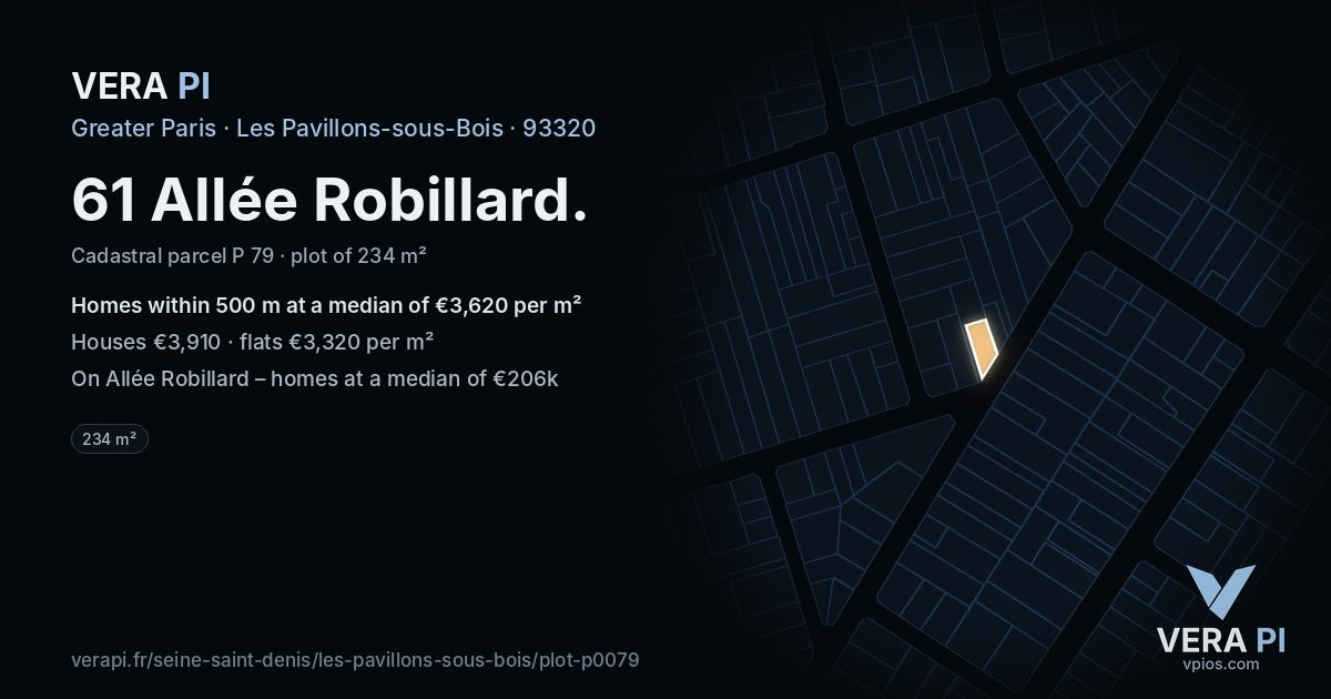 61 Allée Robillard, Les Pavillons-sous-Bois at night – the plot lit, the parcels around coloured by the prices near them