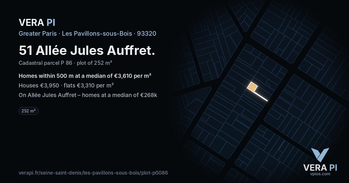 51 Allée Jules Auffret, Les Pavillons-sous-Bois at night – the plot lit, the parcels around coloured by the prices near them
